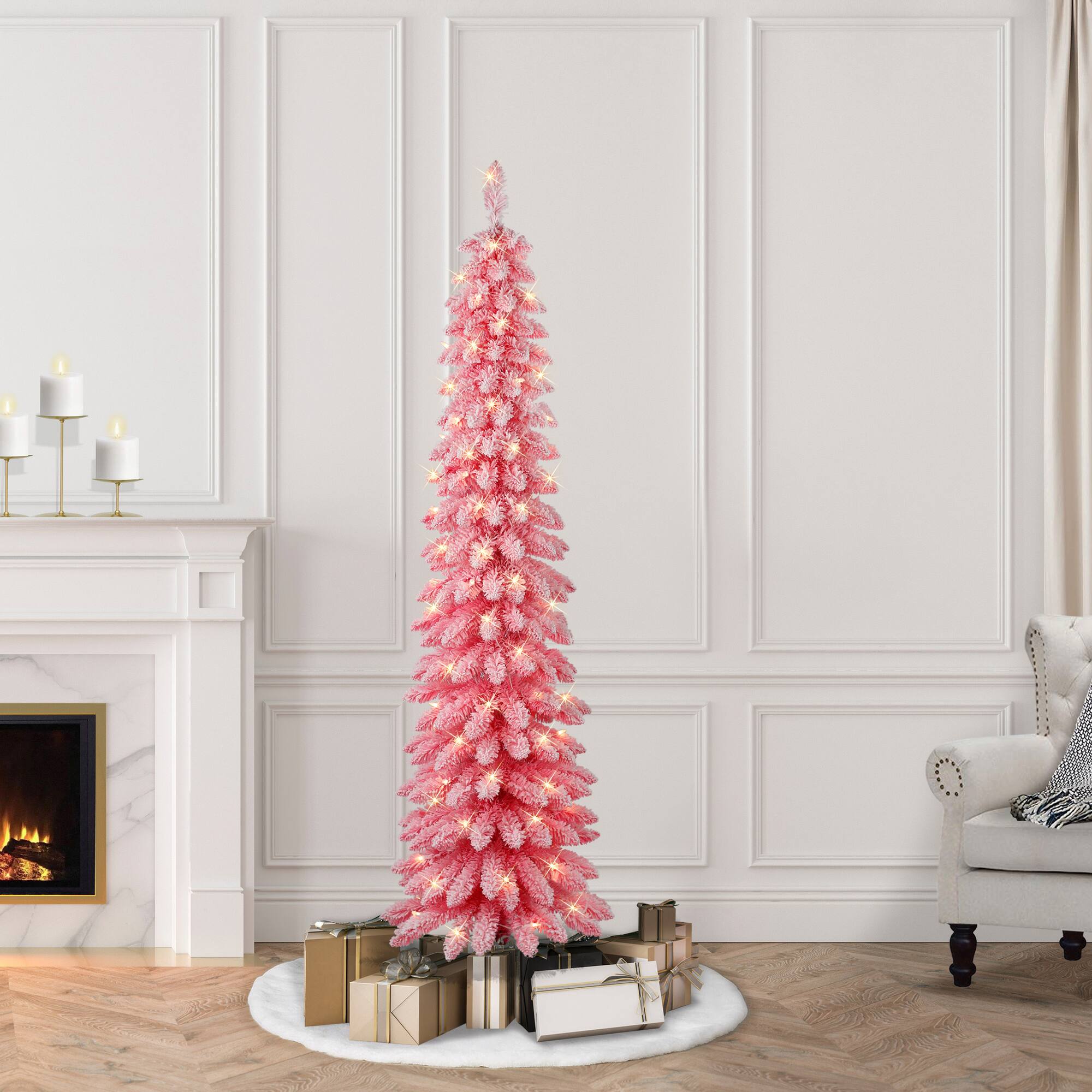6ft. Pre-Lit Flocked Pink Artificial Alpine Pencil Christmas Tree, Clear Lights